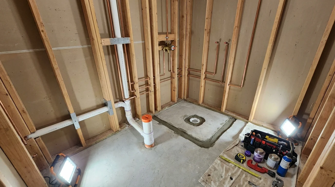 Bathroom rough-in plumbing during remodel by Johns Plumbing LLC in Wake Forest