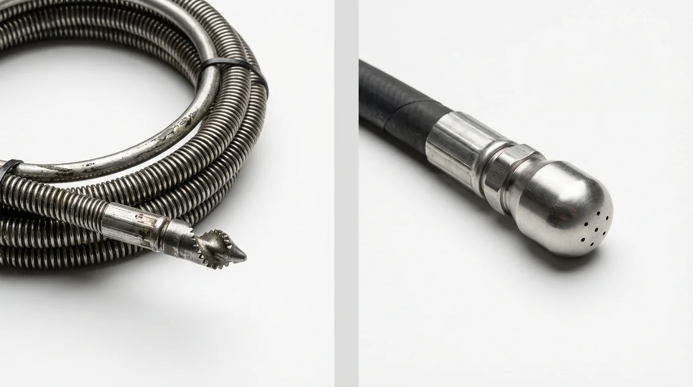 Drain snake cable and hydro jetting nozzle used for drain cleaning in Wake Forest, NC