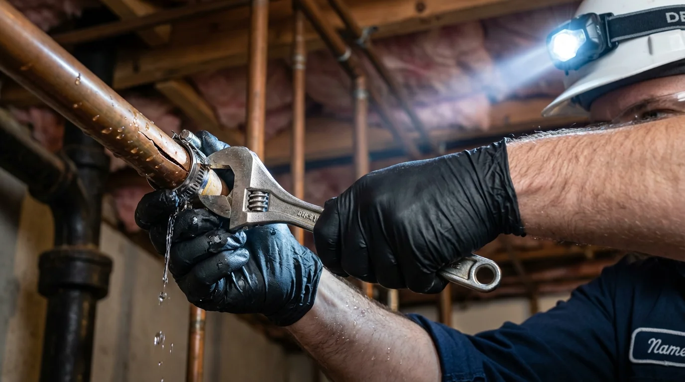 Emergency pipe clamp repair being performed by a Johns Plumbing LLC plumber in Wake Forest