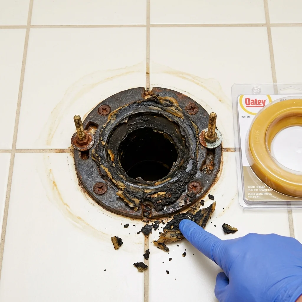 Failed wax ring showing water seepage at the base of a toilet in a Wake Forest, NC home