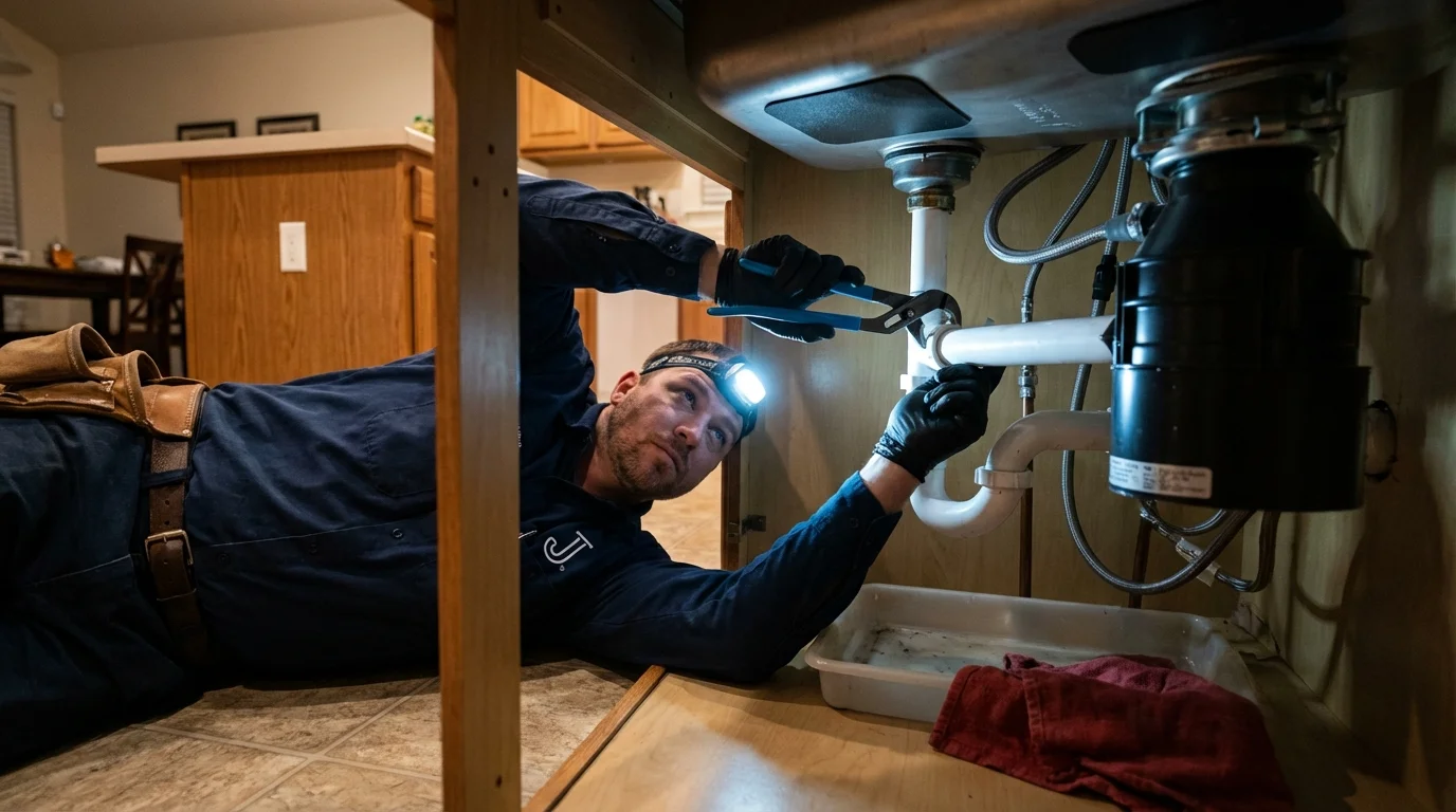 P-trap and supply line connections under a kitchen sink showing a common leak point in Wake Forest, NC